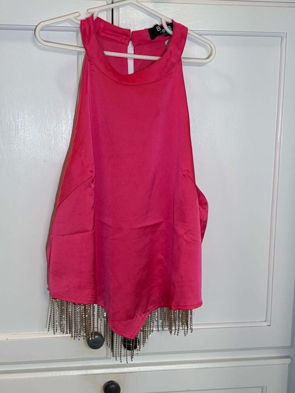 Blue B Collection Pink Satin Halter Top with Cowgirl Rhinestone Fringe Hem-M